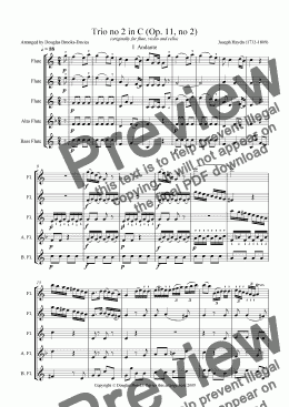 page one of Haydn:  Trio no 2 in C for flute choir (3 fl, alto fl, bass fl)
