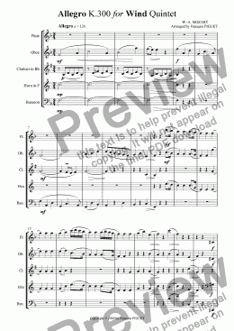 page one of Allegro in F Major K.300 for Wind Quintet