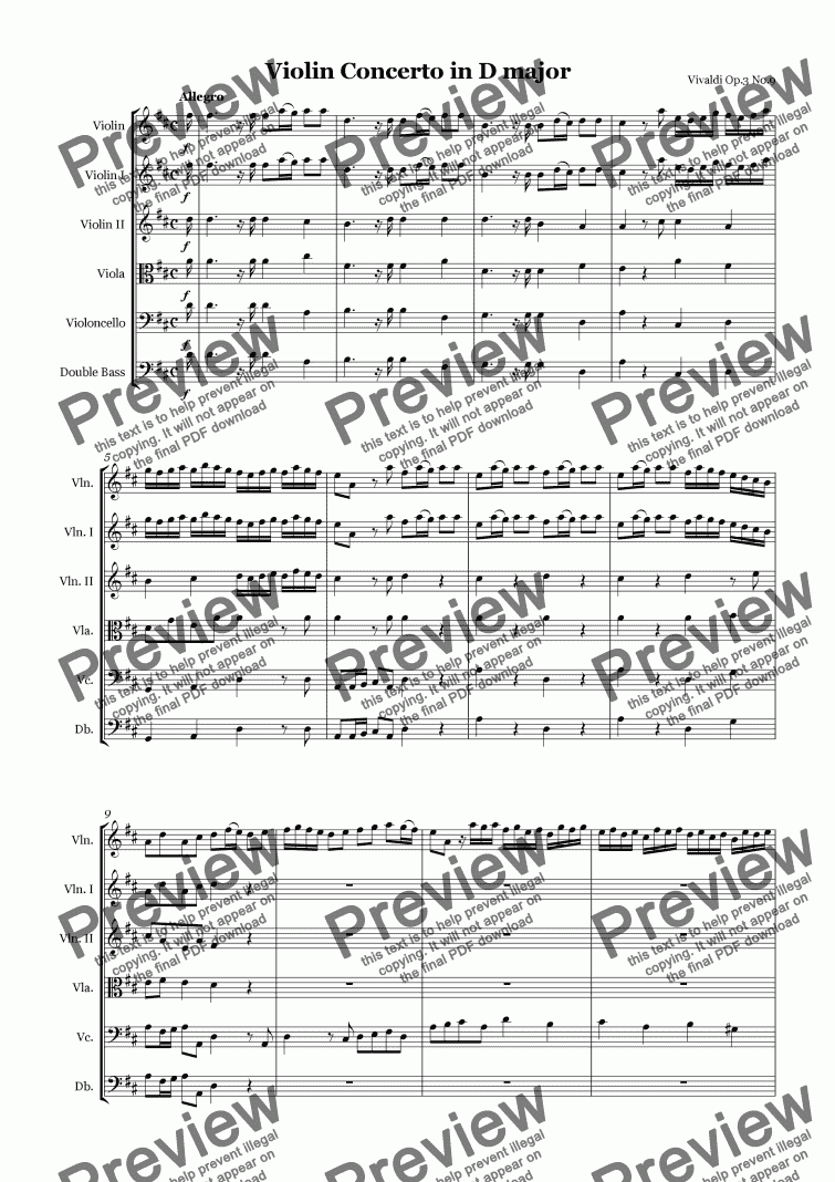 page one of Vivaldi Violin Concerto in D major Op.3 No.9