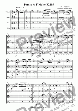 page one of Presto in F Major K.189 for Strings