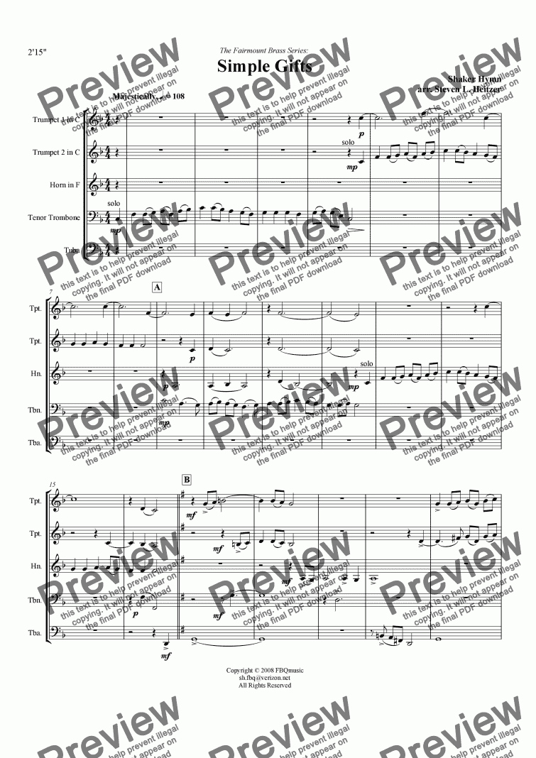 page one of Simple Gifts (Shaker Hymn) - Brass QUINTET