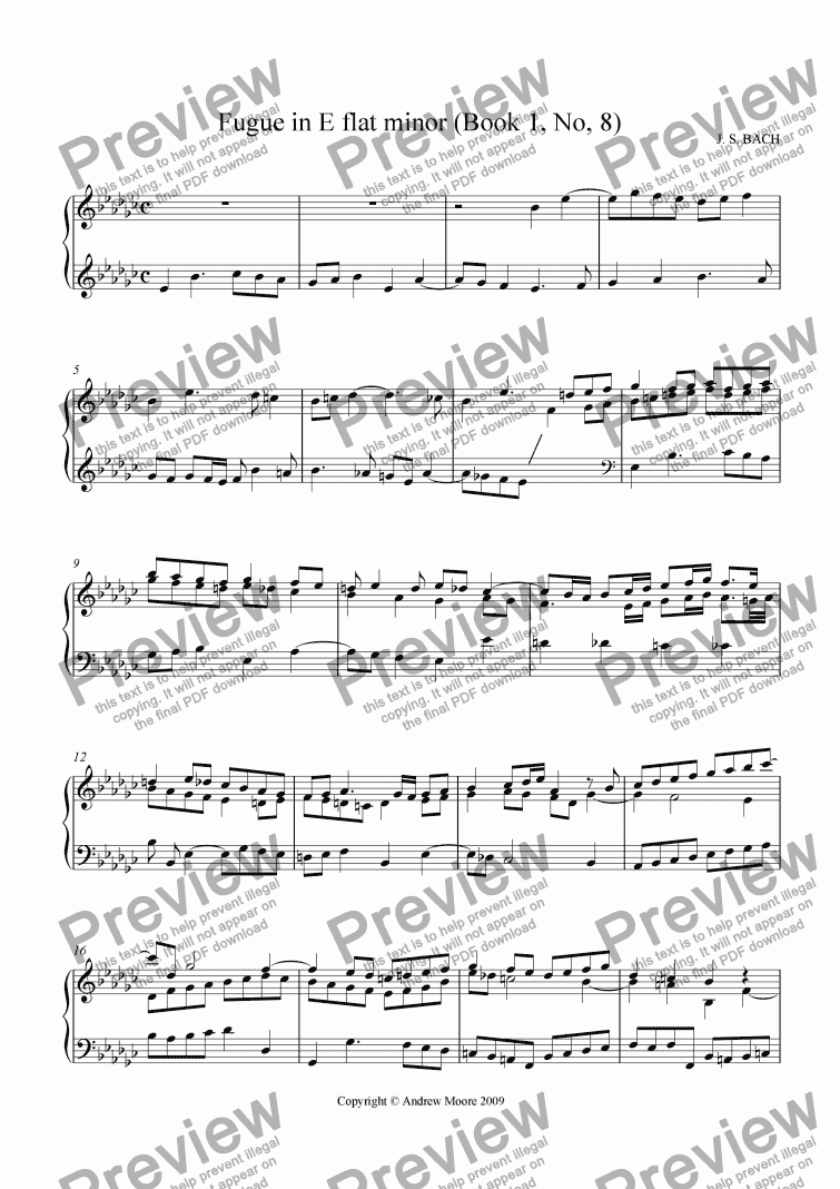 page one of Fugue in E flat minor (Book 1, No. 8)