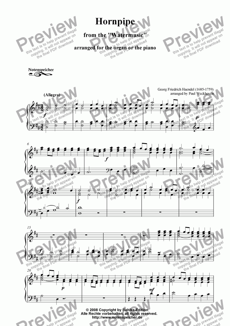 page one of Hornpipe in D from the Watermusic (for organ by G.F. Haendel)