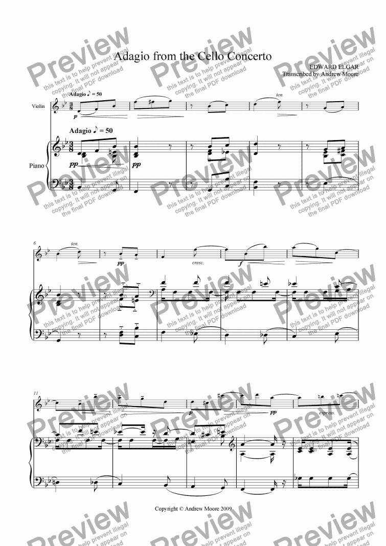 page one of ’Adagio from the Cello Concerto’ arranged for violin & piano