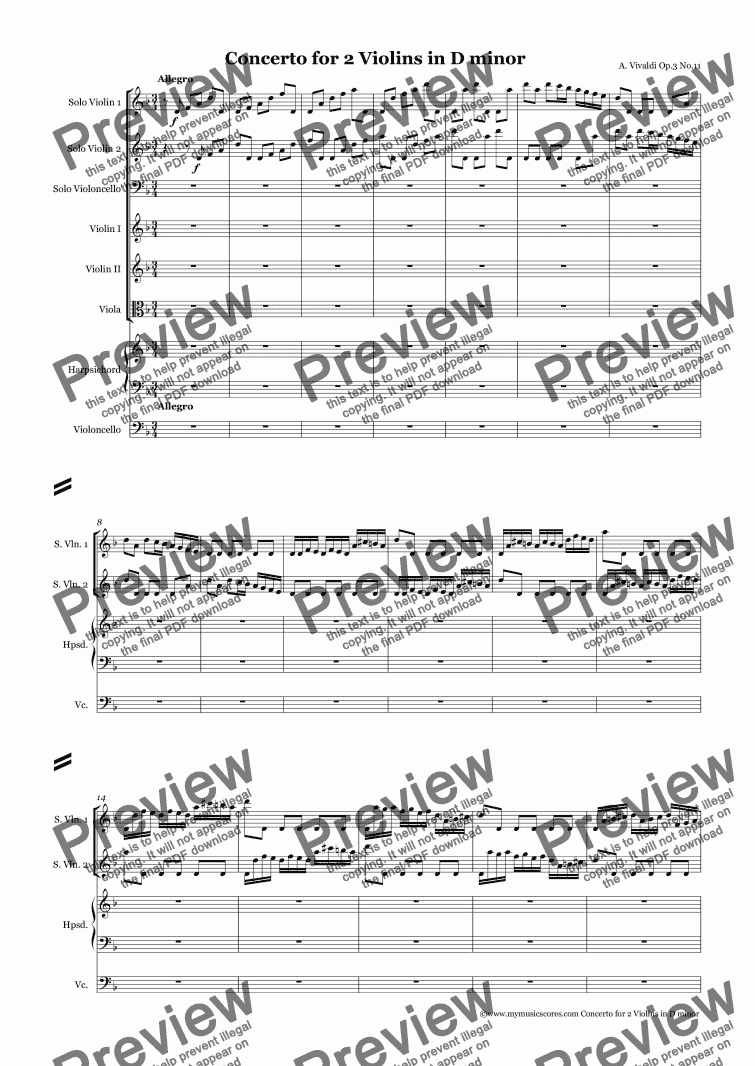 page one of Vivaldi Concerto for 2 Violins in D minor Op.3 No.11