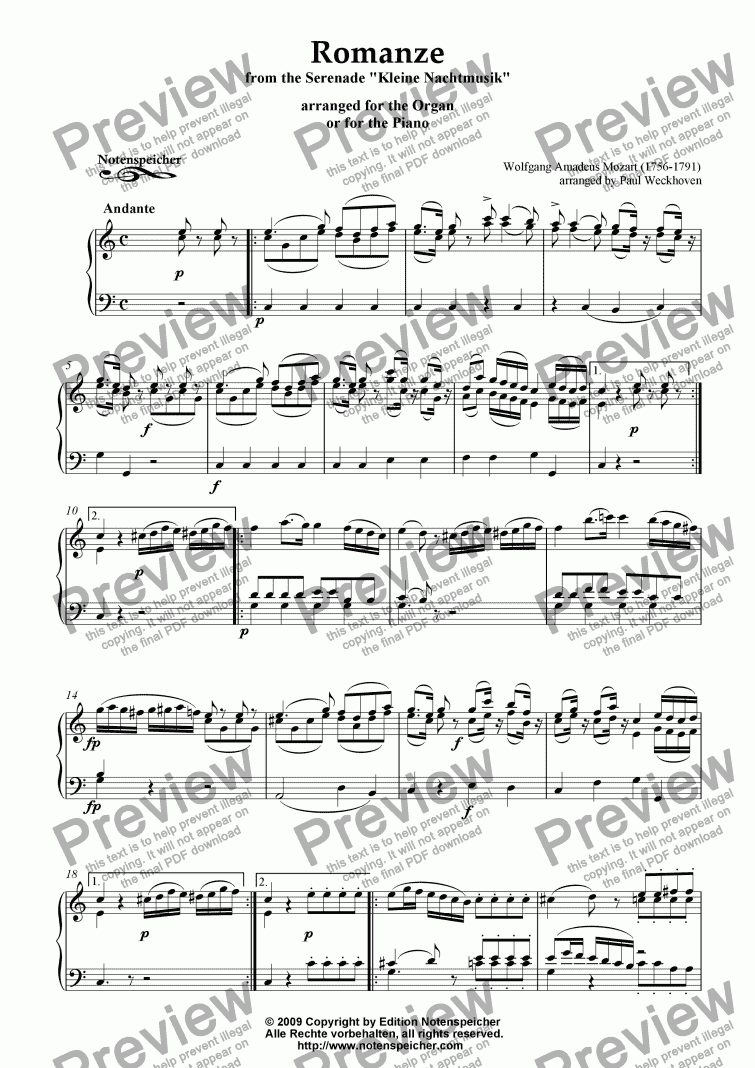 page one of Romanze from the Serenade >Kleine Nachtmusik< (W. A. Mozart)