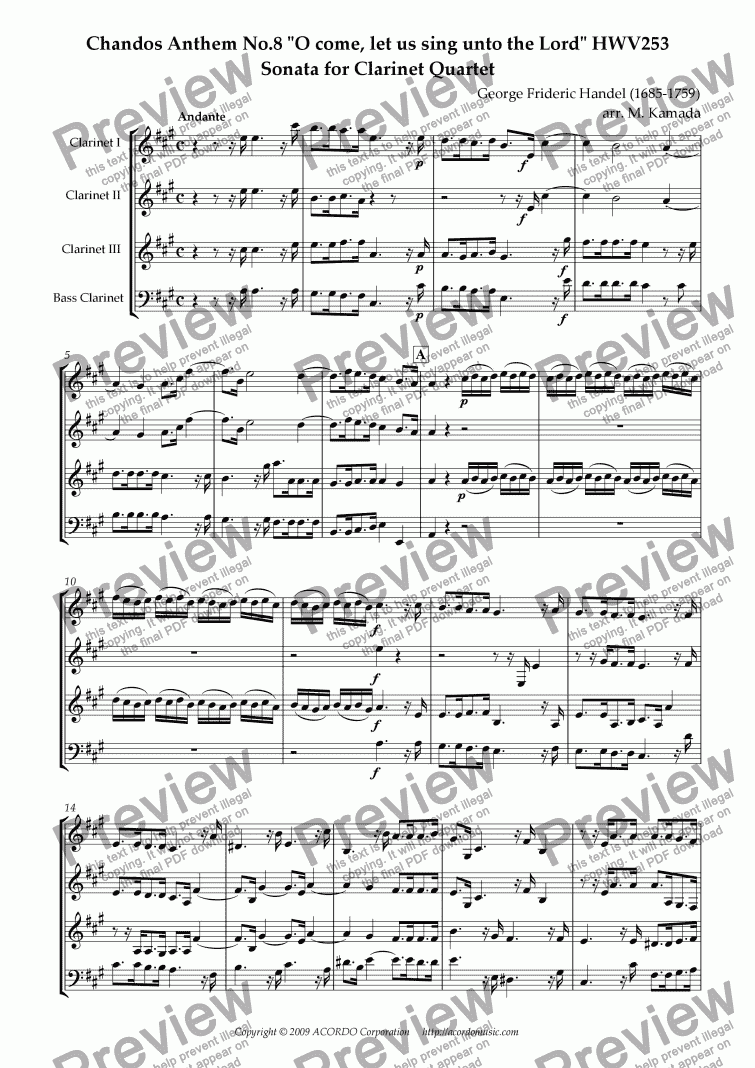 page one of Chandos Anthem No.8 "O come, let us sing unto the Lord" HWV253 Sonata for Clarinet Quartet
