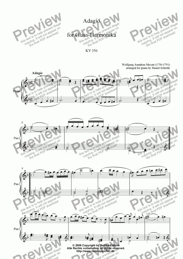 page one of Adagio for Glass-Harmonica in C KV 356 (W.A.Mozart)