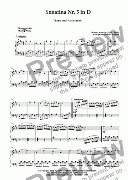 page one of Sonatina Nr. 5 in D, Theme and Variations (Th.Attwood)