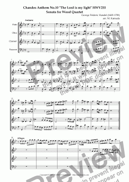 page one of Chandos Anthem No.10 "The Lord is my light" HWV255 Sonata for Wood Quartet