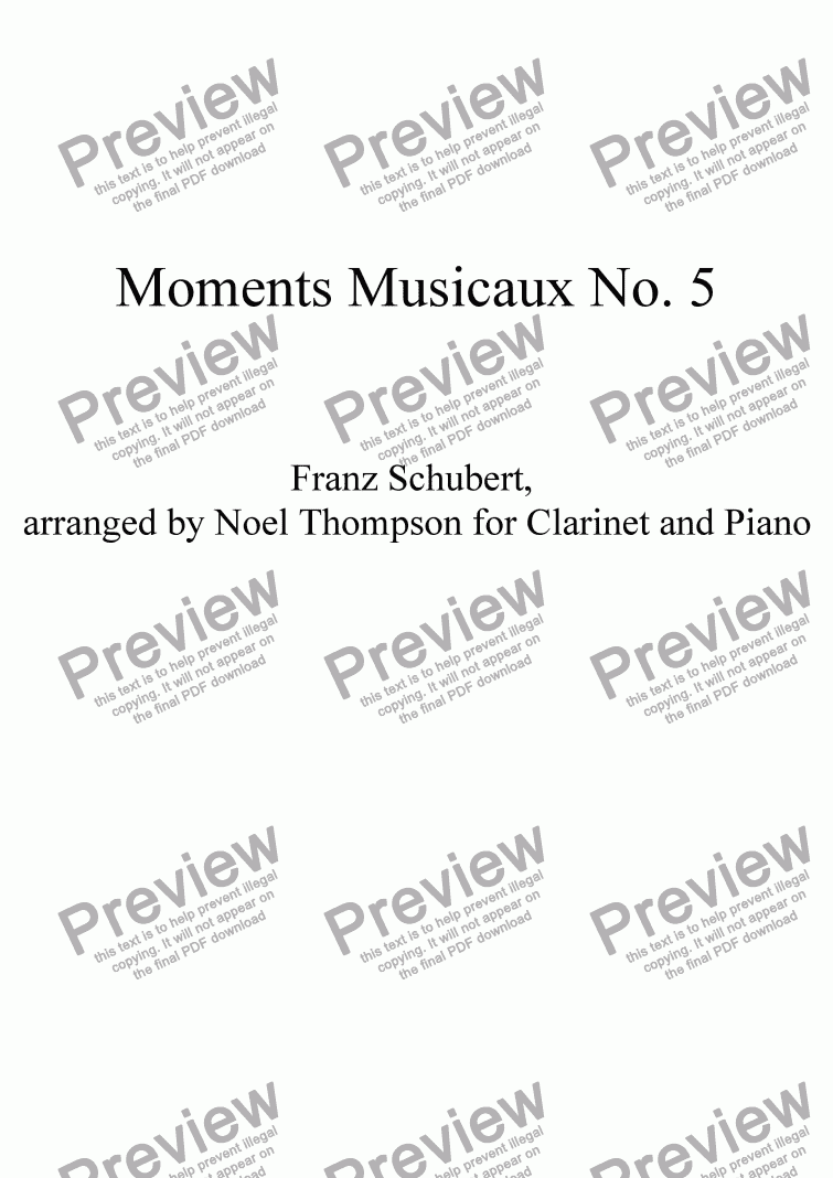 page one of Schubert's Moments Musicaux No. 5 , arranged for Clarinet and Piano
