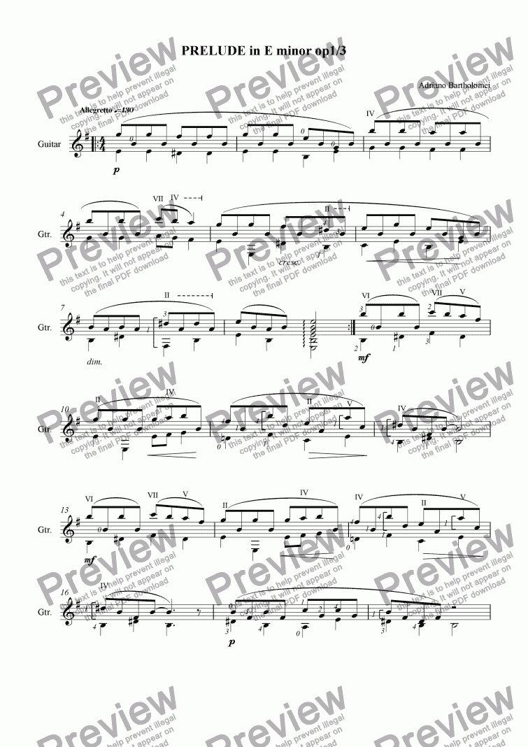 page one of Prelude in Em for guitar