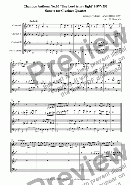 page one of Chandos Anthem No.10 "The Lord is my light" HWV255 Sonata for Clarinet Quartet
