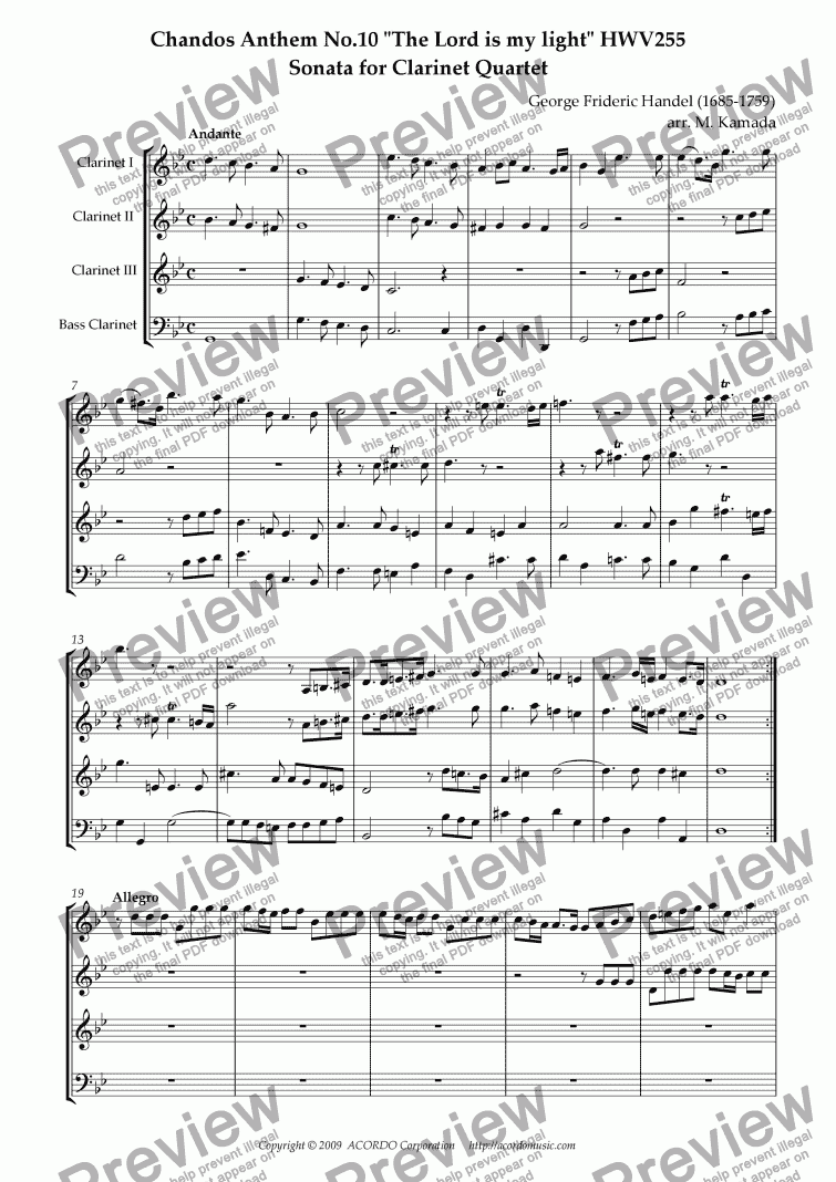 page one of Chandos Anthem No.10 "The Lord is my light" HWV255 Sonata for Clarinet Quartet
