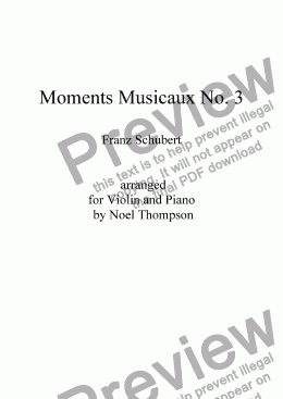 page one of Schubert's Moments Musicaux No. 3 arr. for Violin & Piano