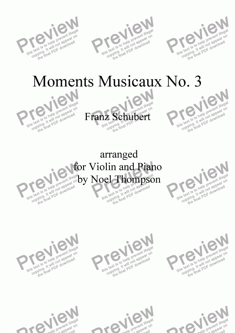 page one of Schubert's Moments Musicaux No. 3 arr. for Violin & Piano