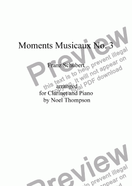 page one of Schubert's Moments Musicaux No. 3 arr. for Clarinet & Piano