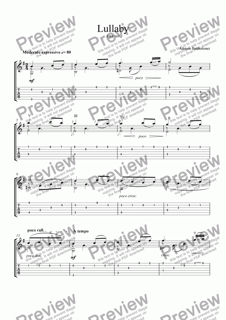 page one of Lullaby for guitar+tab