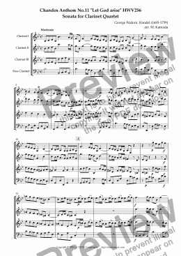 page one of Chandos Anthem No.11 "Let God arise" HWV256 Sonata for Clarinet Quartet