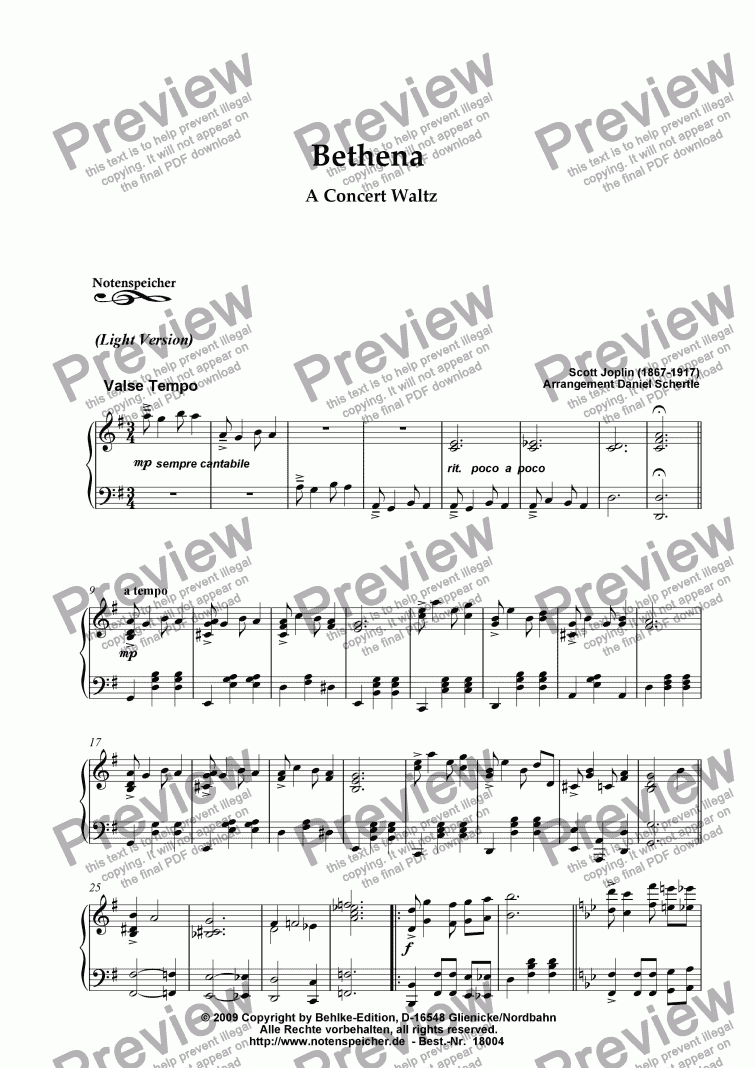 page one of Bethena, A Concert Waltz (Ragtime, Light Version, Sc. Joplin)