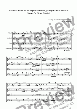 page one of Chandos Anthem No.12 "O praise the Lord, ye angels of his" HWV257 Sonata for String Quartet