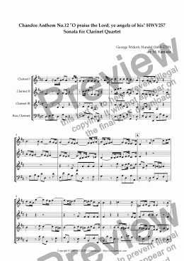 page one of Chandos Anthem No.12 "O praise the Lord, ye angels of his" HWV257 Sonata for Clarinet Quartet