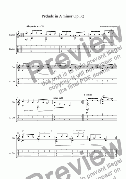 page one of Prelude in Am for guitar + tab
