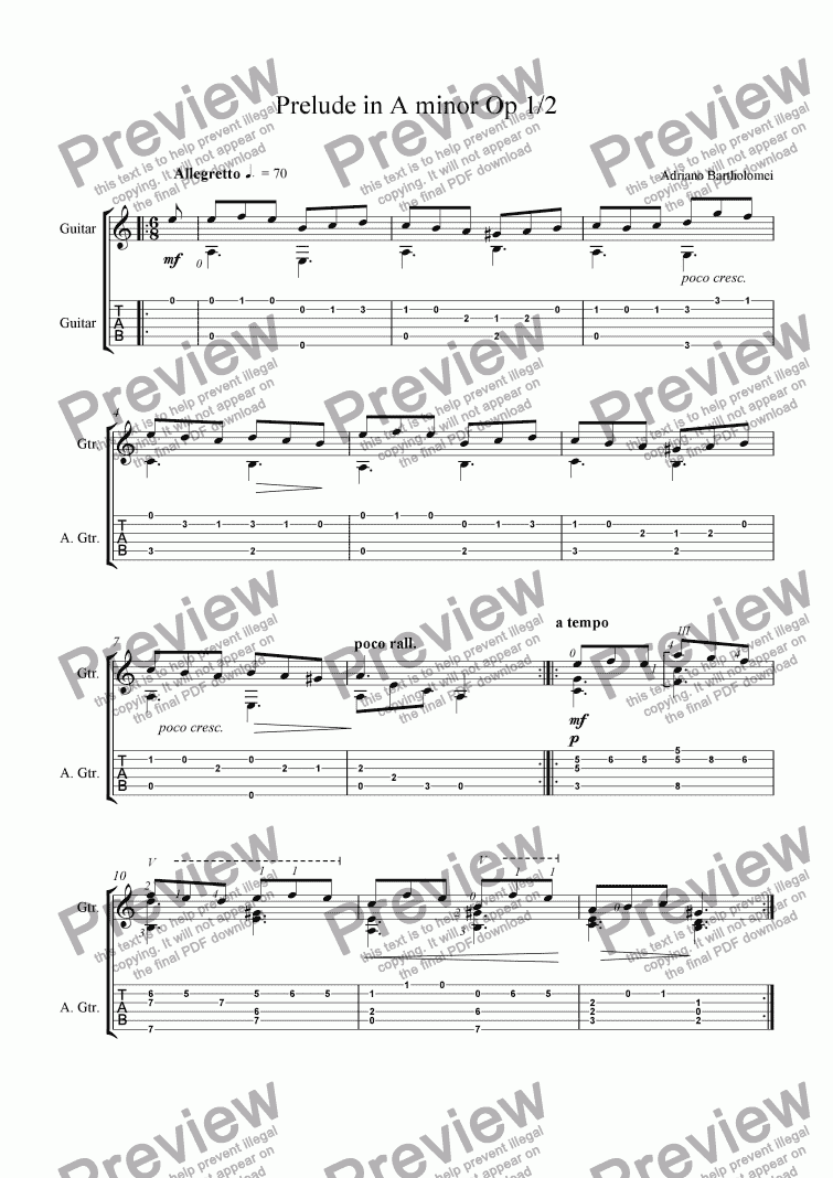 page one of Prelude in Am for guitar + tab