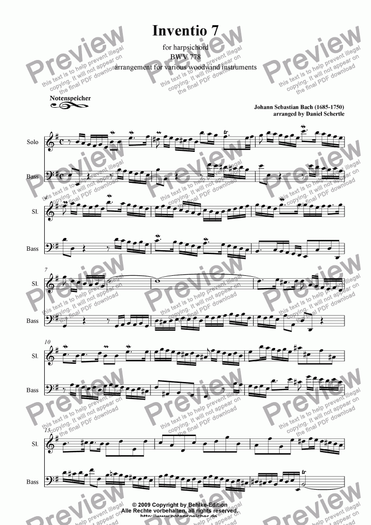 page one of Inventio Nr. 07 (transcripted for woodwind instruments, J.S. Bach)