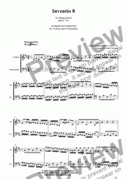 page one of Inventio Nr. 08 (transcripted and transposed for violin and violoncello, J.S. Bach)