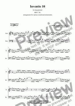 page one of Inventio Nr. 10 (transcription for woodwind instruments, J.S. Bach)
