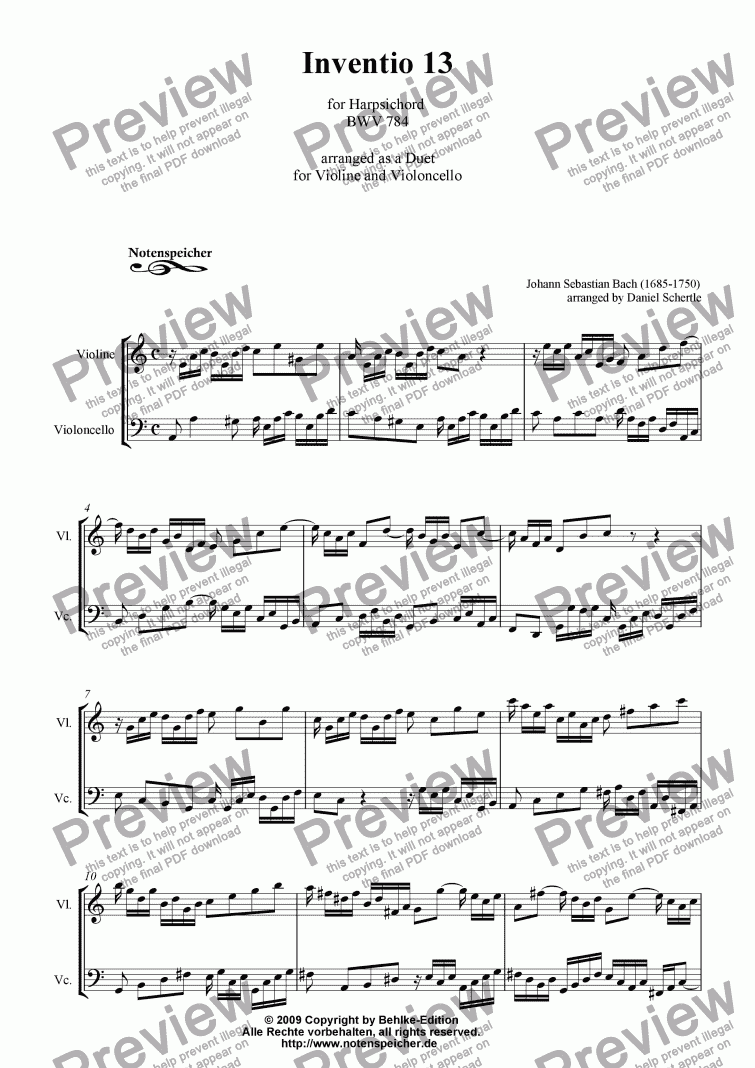 page one of Inventio Nr. 13 (Transcription for violon and violoncello, J. S. Bach)