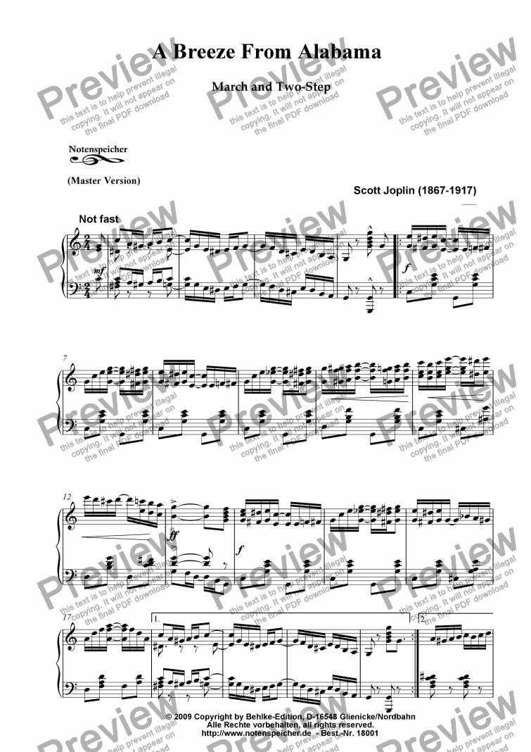 page one of A Breeze from Alabama, Ragtime (Master Version, Sc. Joplin)