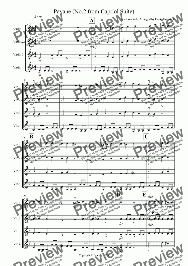 page one of Pavane from Capriol Suite for Violin Quartet