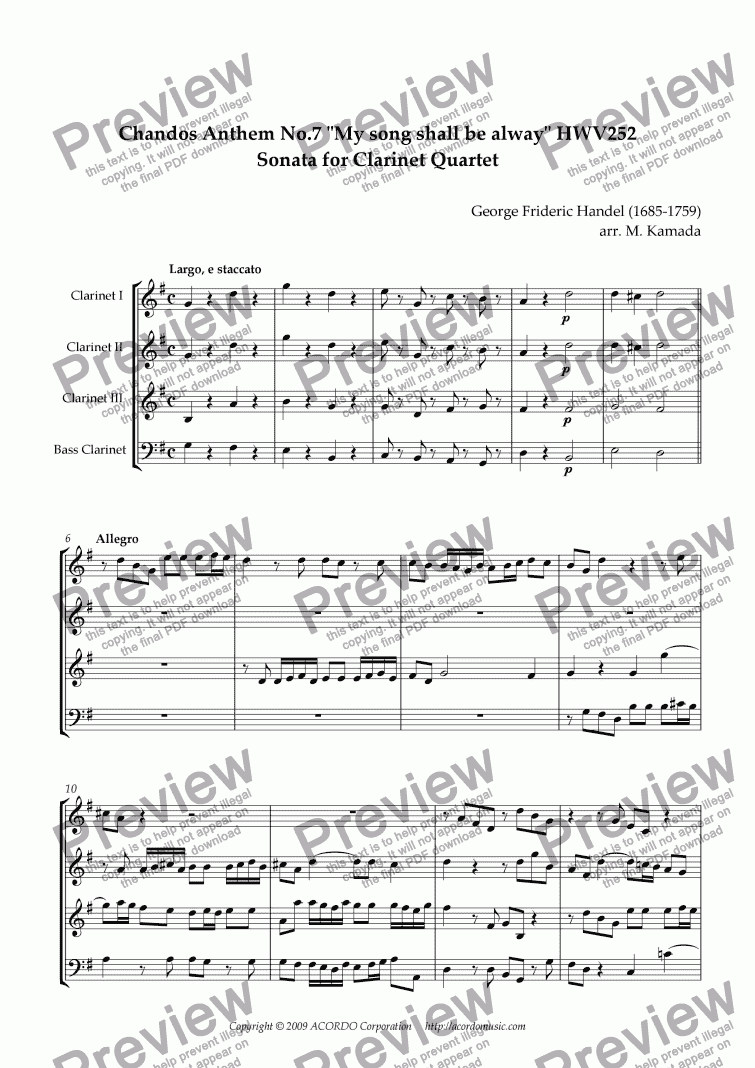 page one of Chandos Anthem No.7 "My song shall be alway" HWV252 Sonata for Clarinet Quartet