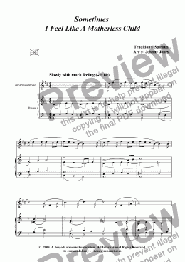 page one of Sometimes I Feel Like A Motherless Child   (Tenor Saxophone and Piano)