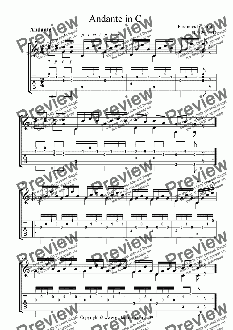 page one of Andante in C - Guitar Solo with TAB