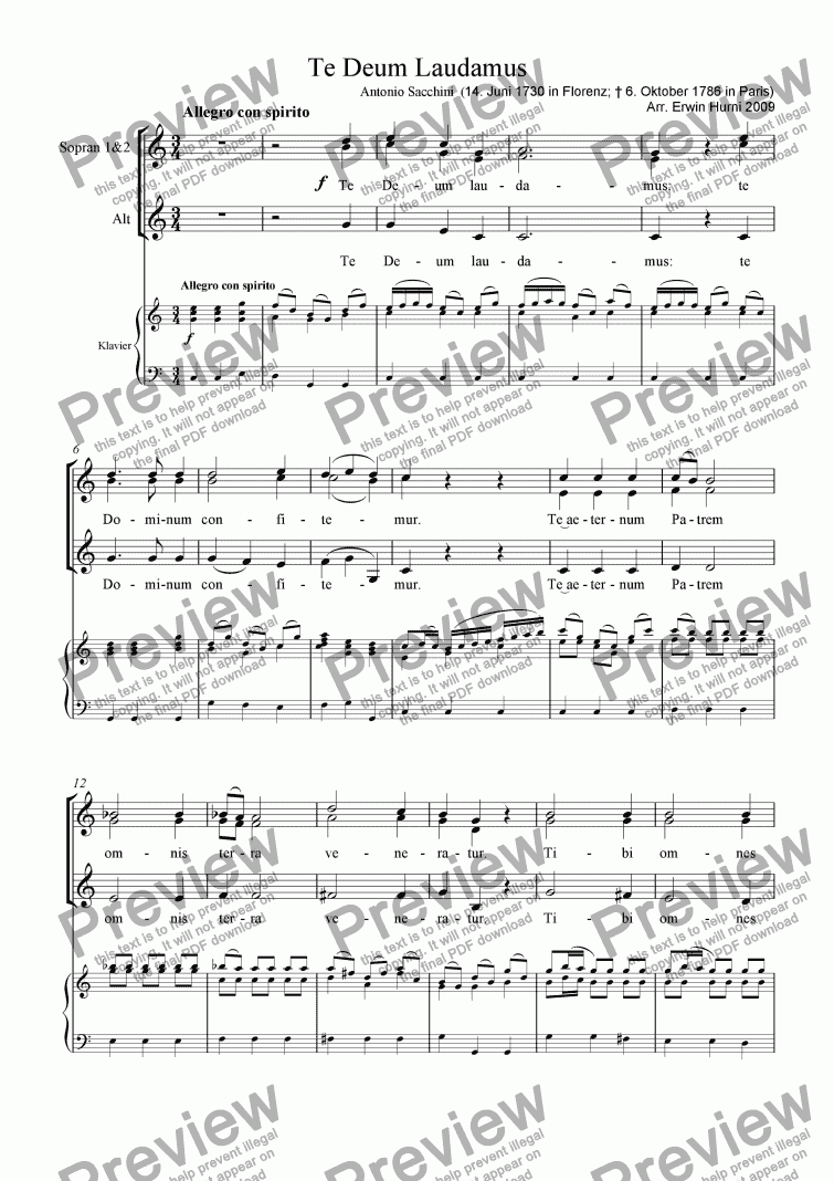page one of Te Deum Laudamus by Sacchini set for SSA & Piano