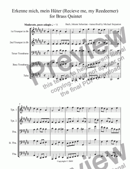 page one of Erkenne mich, mein Huter (Recieve me, my Reedeemer) for Brass Quintet