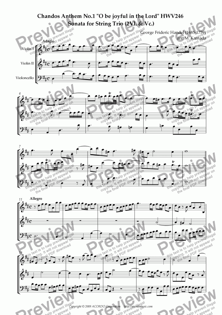 page one of Chandos Anthem No.1 "O be joyful in the Lord" HWV246 Sonata for two Violins & Violoncello