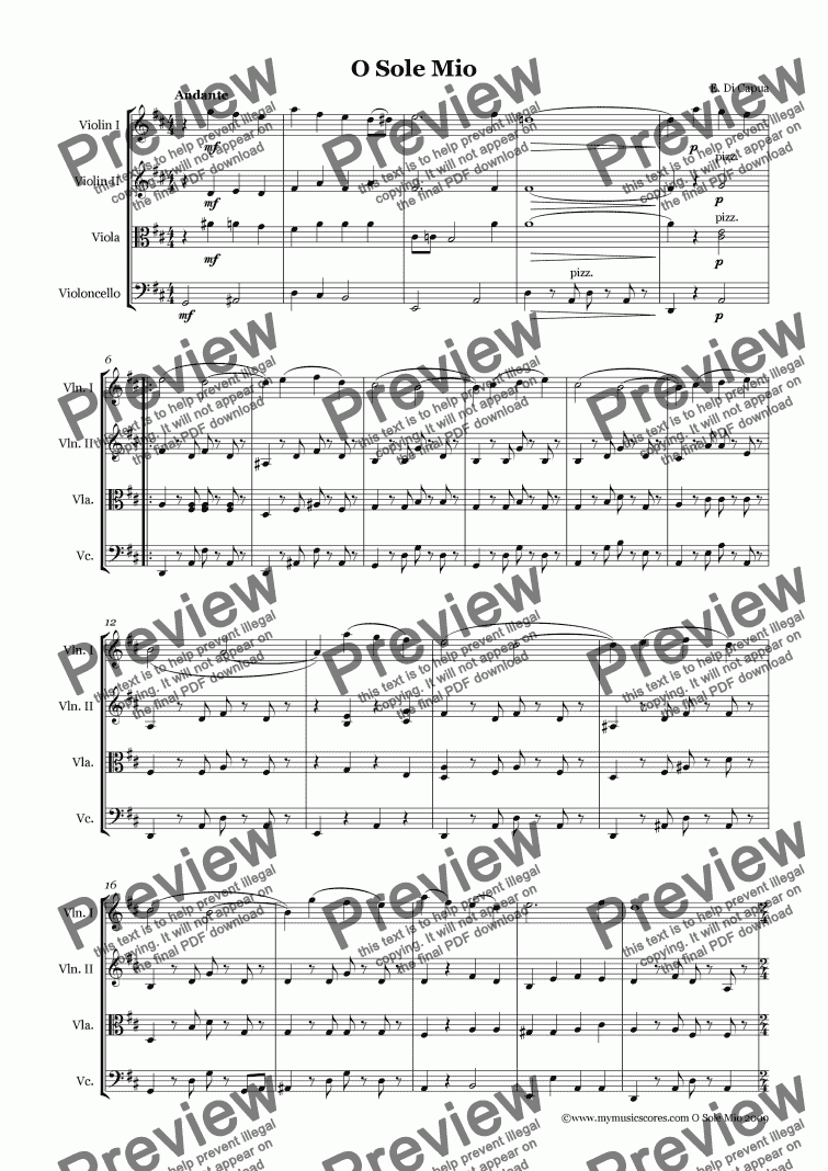 page one of Capua O Sole Mio for String Quartet