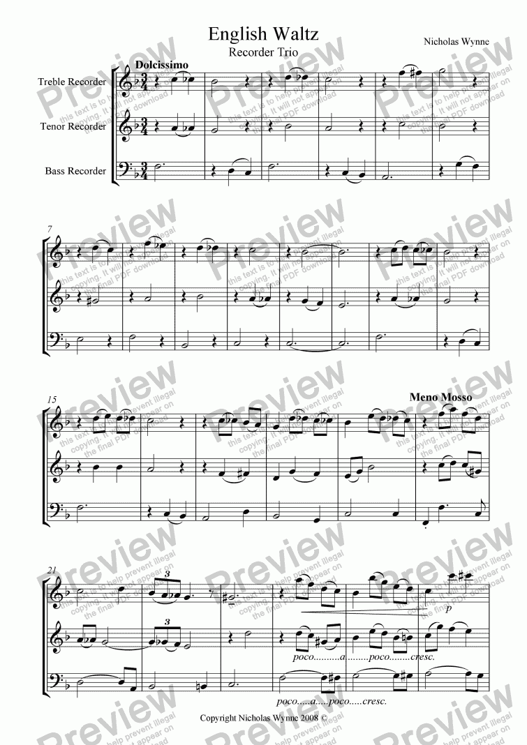 page one of English Waltz for Recorder Trio