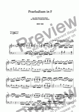 page one of Praeludium in F major, Klavierbuechlein W.F.Bach ( BWV928, J.S.Bach)