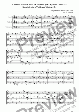 page one of Chandos Anthem No.2 "In the Lord put I my trust" HWV247 Sonata for two Violins & Violoncello
