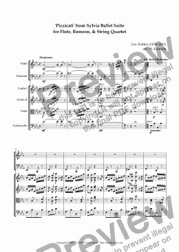 page one of ’Pizzicati’ from Sylvia Ballet Suite for Flute, Bassoon and String Quartet