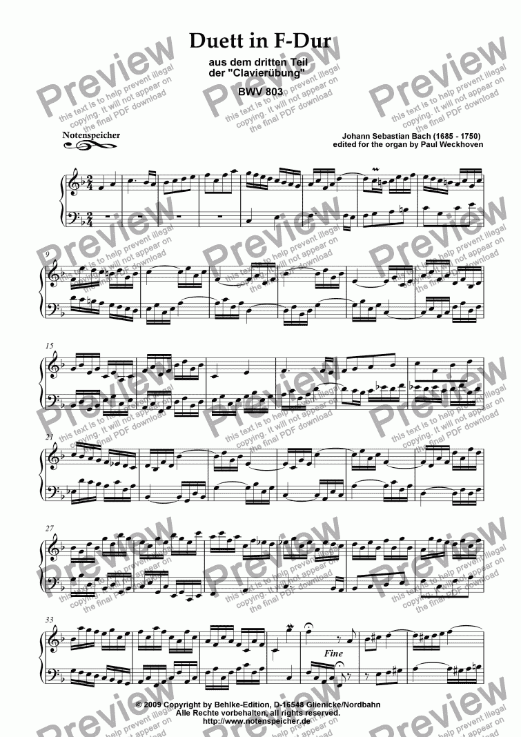 page one of Duett in F major, BWV 803 (for organ by J.S. Bach)
