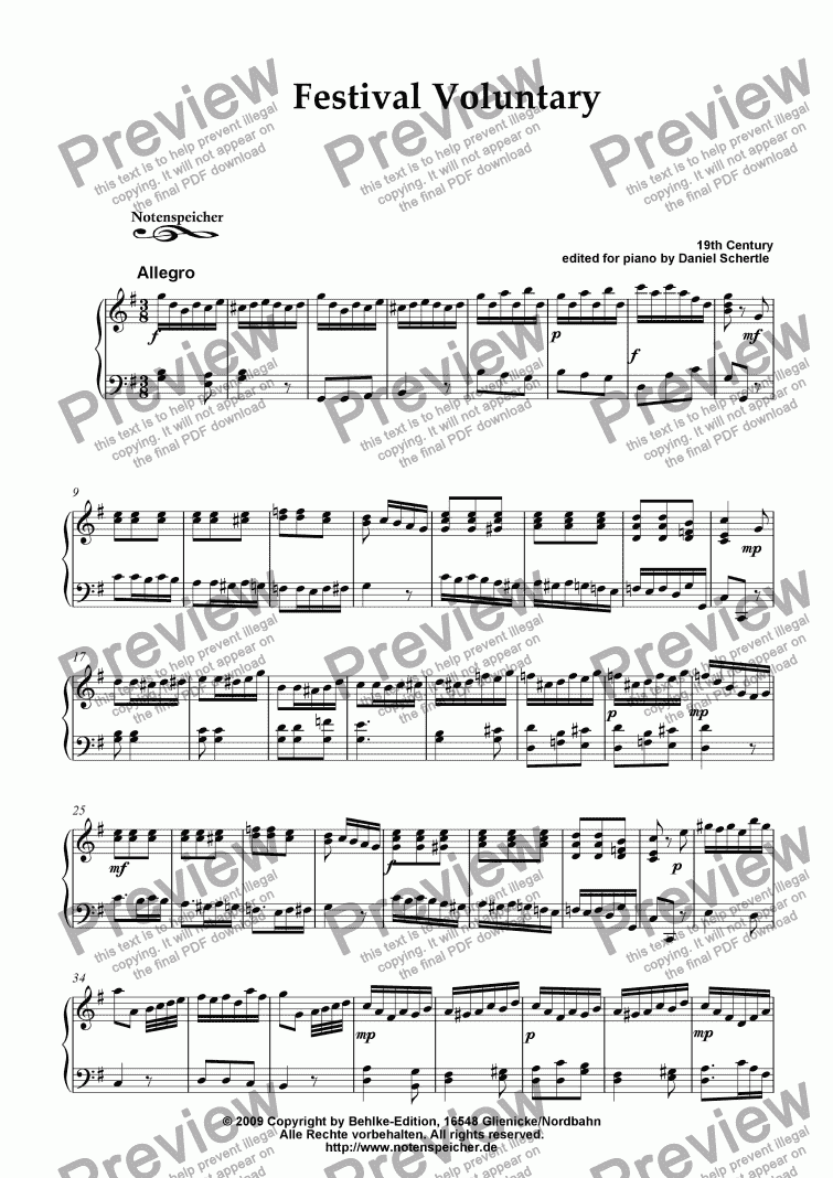 page one of Festival Voluntary in G major for piano (19th Century)