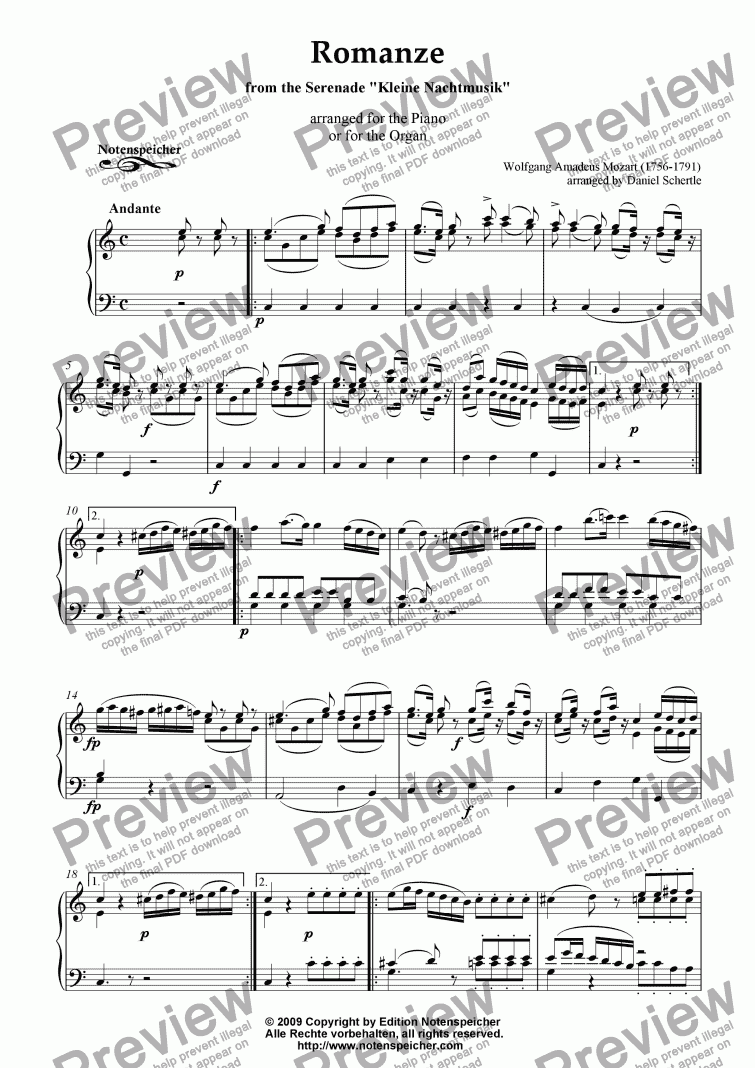 page one of Romanze from the Serenade >Kleine Nachtmusik< (W.A.Mozart)