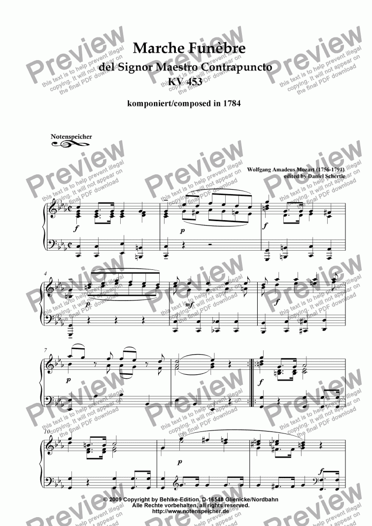 page one of Marche Funebre del Sgr. Maestro Contrapuncto, KV 453 (for piano, W.A.Mozart)
