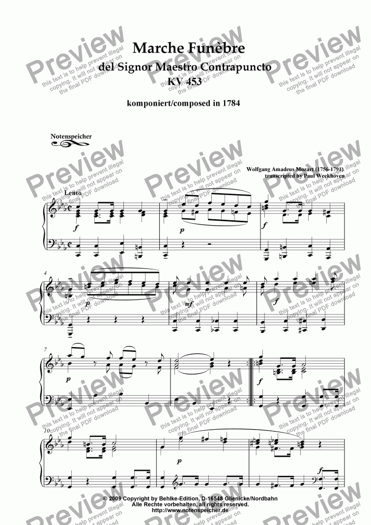 page one of Marche Funebre del Sgr. Maestro Contrapuncto, pro organo KV 453 (W.A.Mozart)